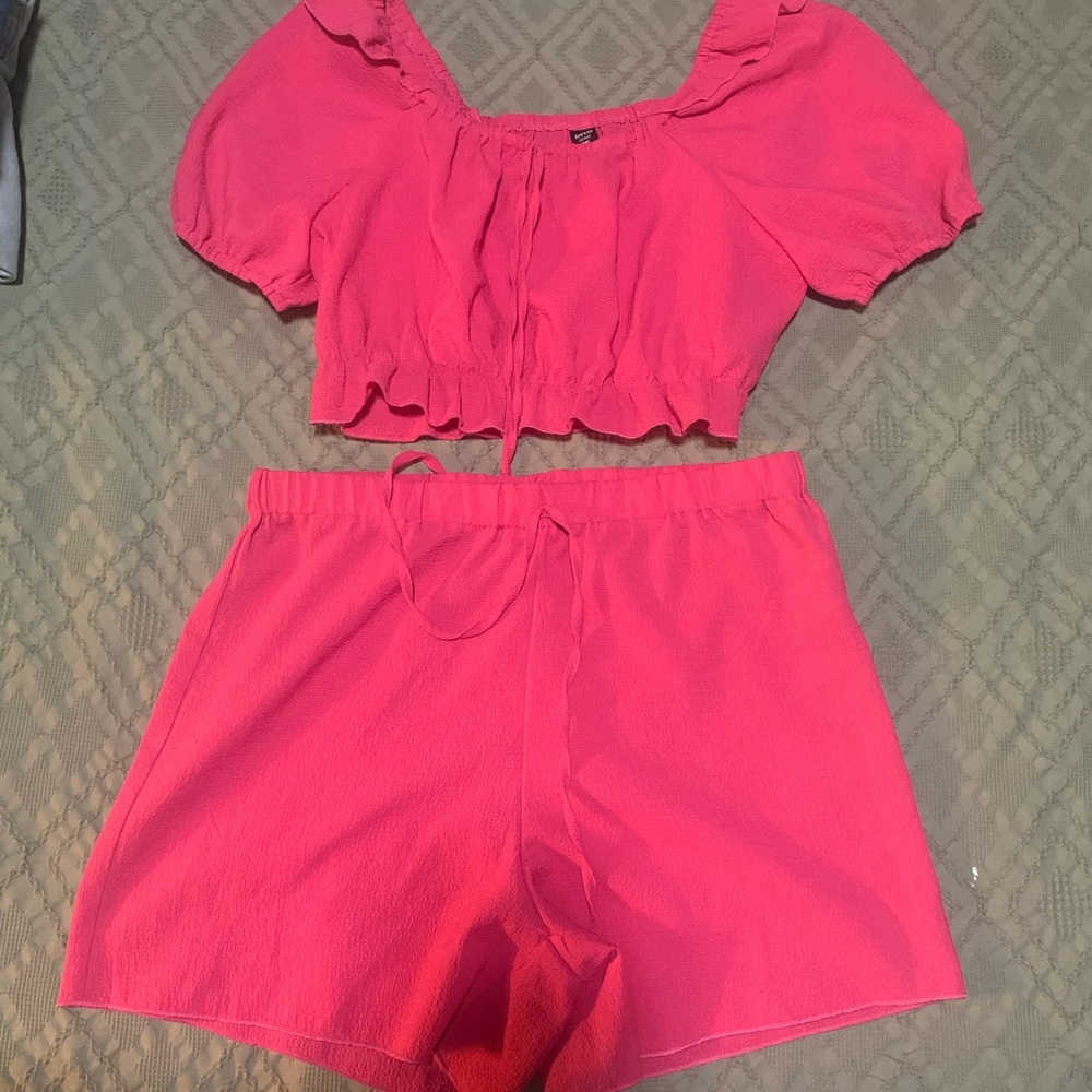SHEIN Pink Flutter Sleeve Crop Blouse
